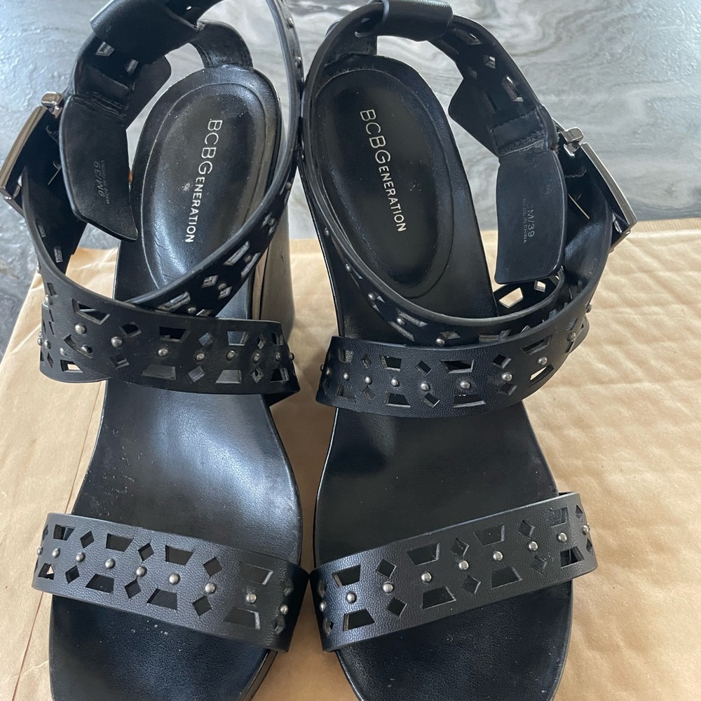 BCBGeneration Black Laser-Cut Block Heel Sandals